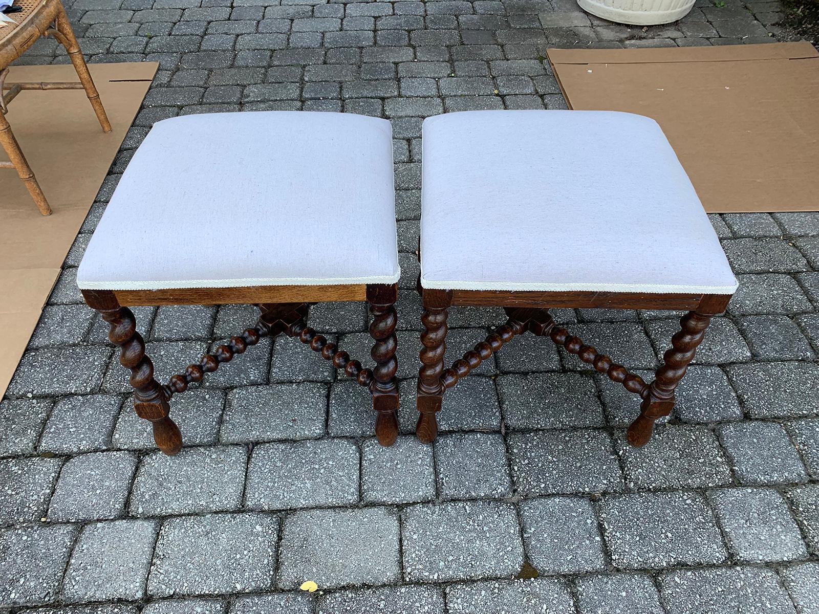 Pair of English Barley Twist Square Stools, circa 1880-1900, with 