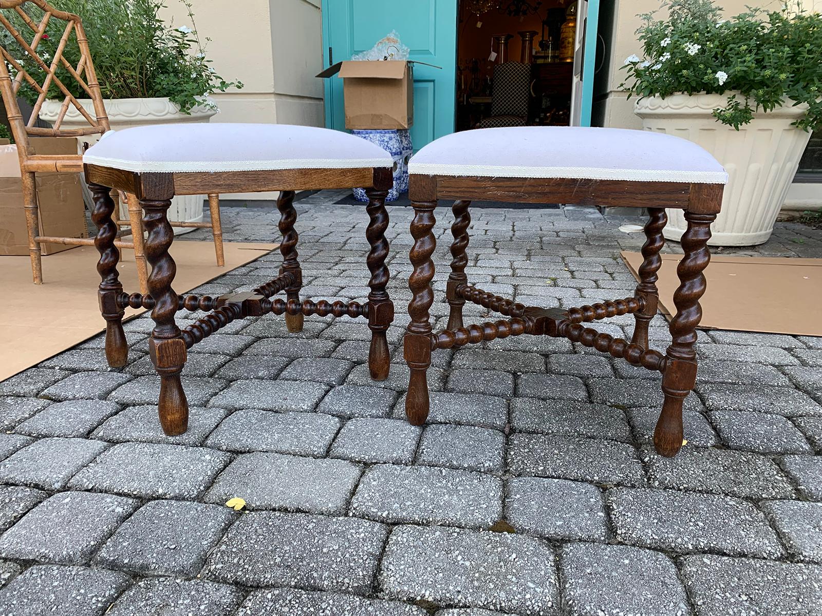 Pair of English barley twist square stools, circa 1880-1900, with 