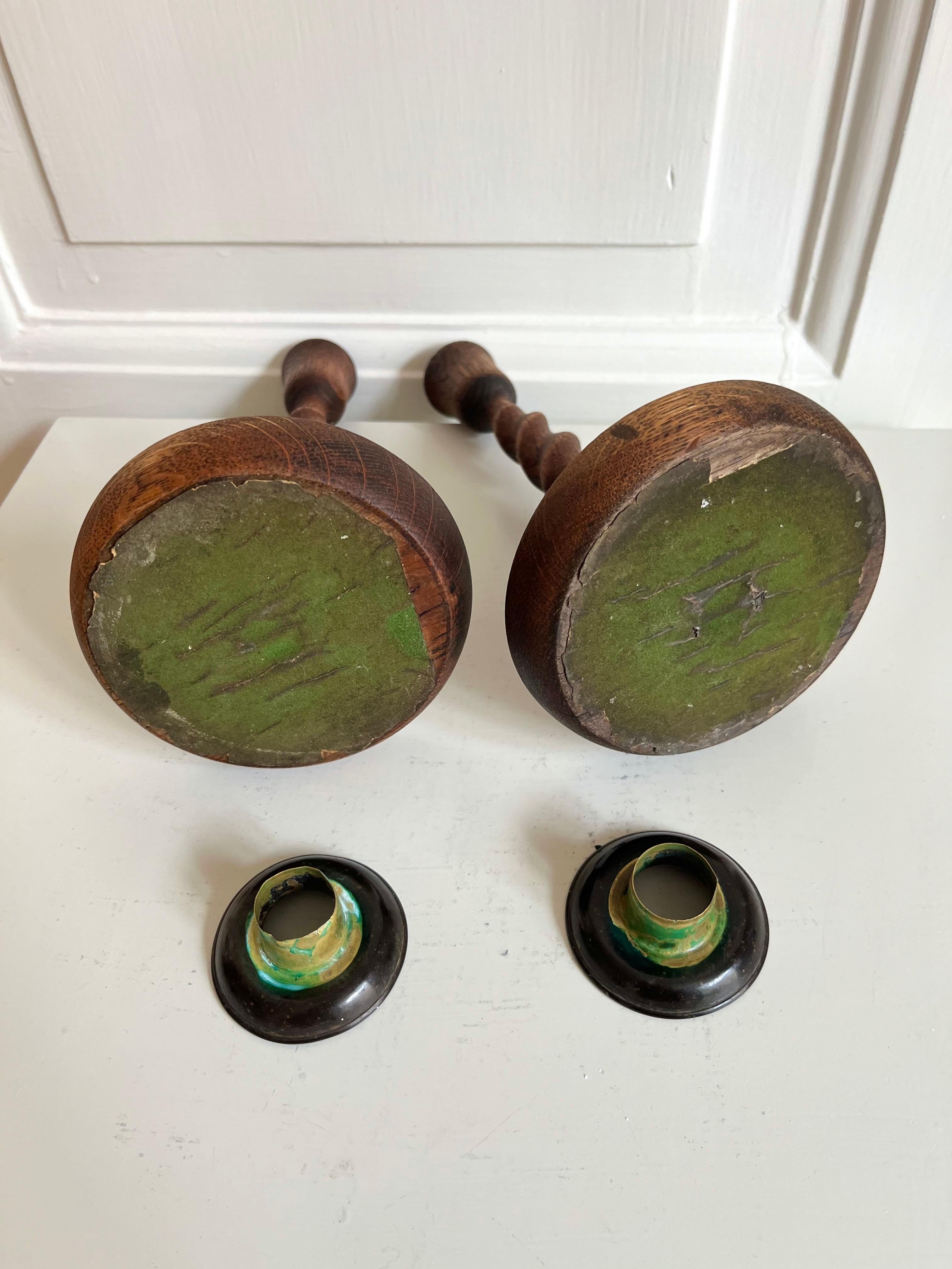 Pair of English Barley Twist Wooden Candlesticks, 1920s For Sale 6
