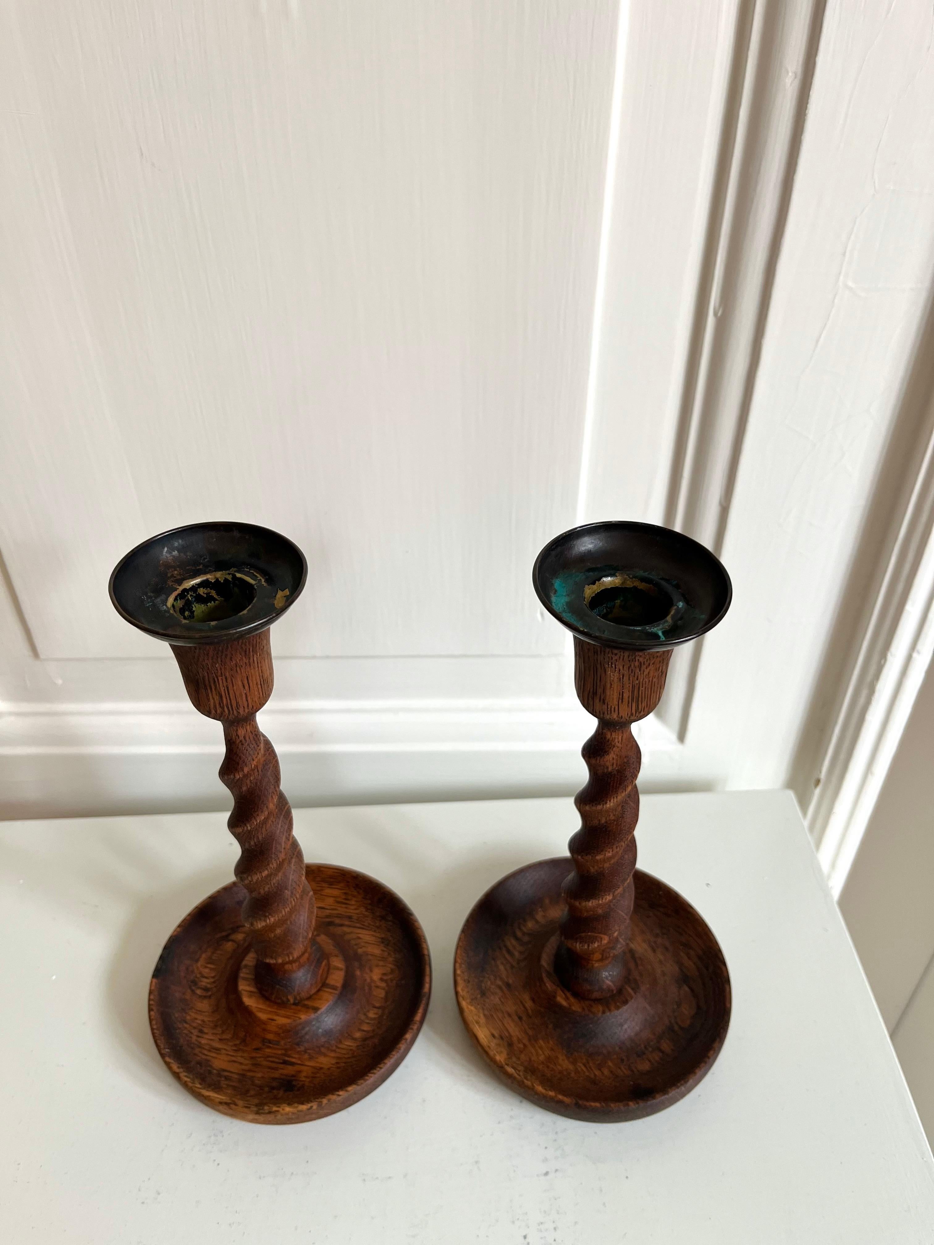 Metal Pair of English Barley Twist Wooden Candlesticks, 1920s For Sale