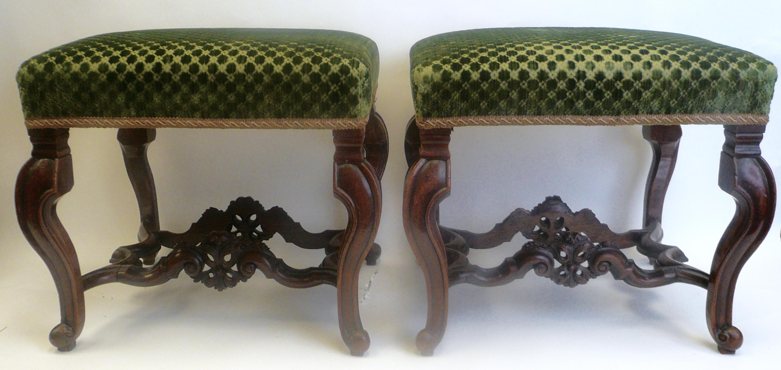 17th Century Pair of English Baroque Carved Walnut, William and Mary Upholstered Benches