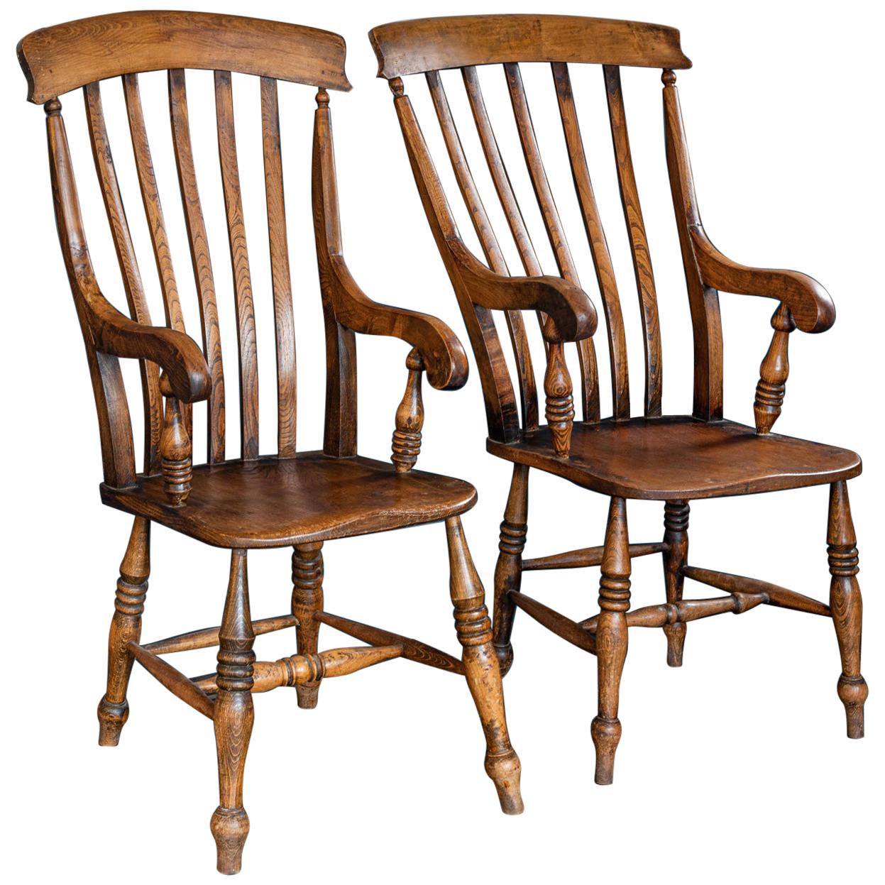 Pair of English Beech and Elm Slat Back Windsor Carver Chairs, Late 19th Century