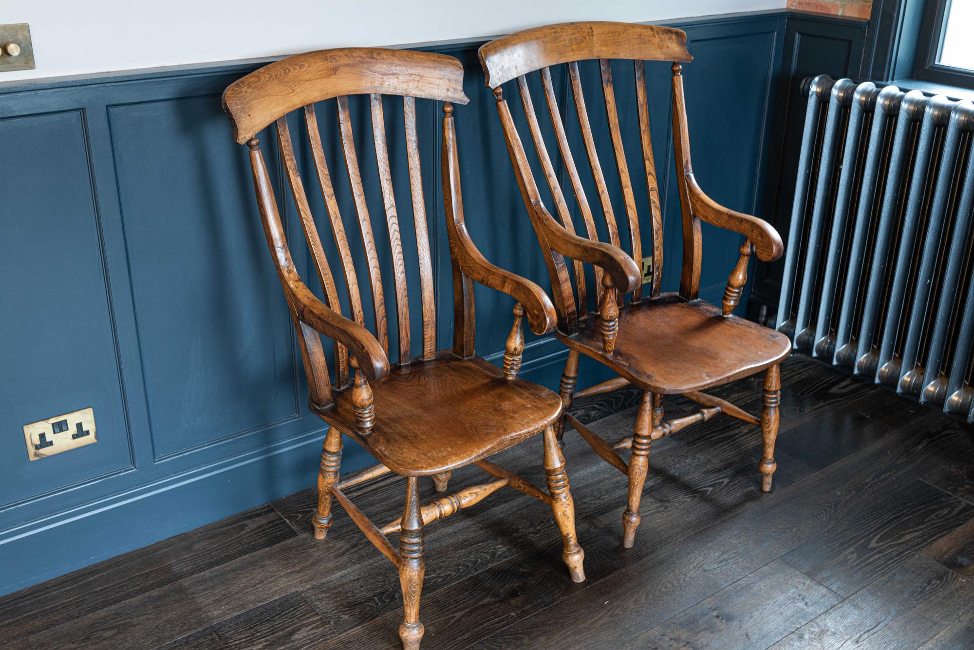 Pair of English Beech and Elm Slat Back Windsor Carver Chairs, Late 19th Century 1