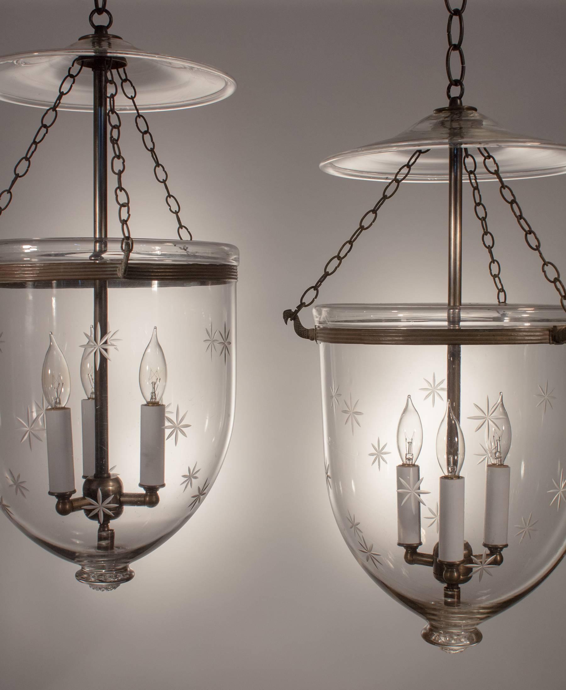 Victorian Pair of English Bell Jar Lanterns with Etched Stars