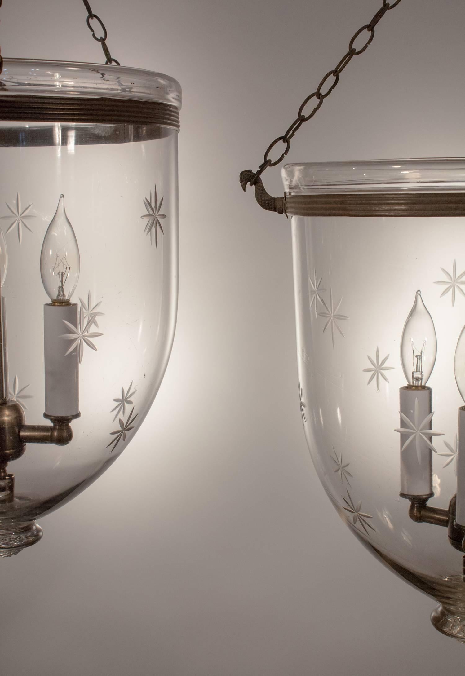 Pair of English Bell Jar Lanterns with Etched Stars In Excellent Condition In Heath, MA