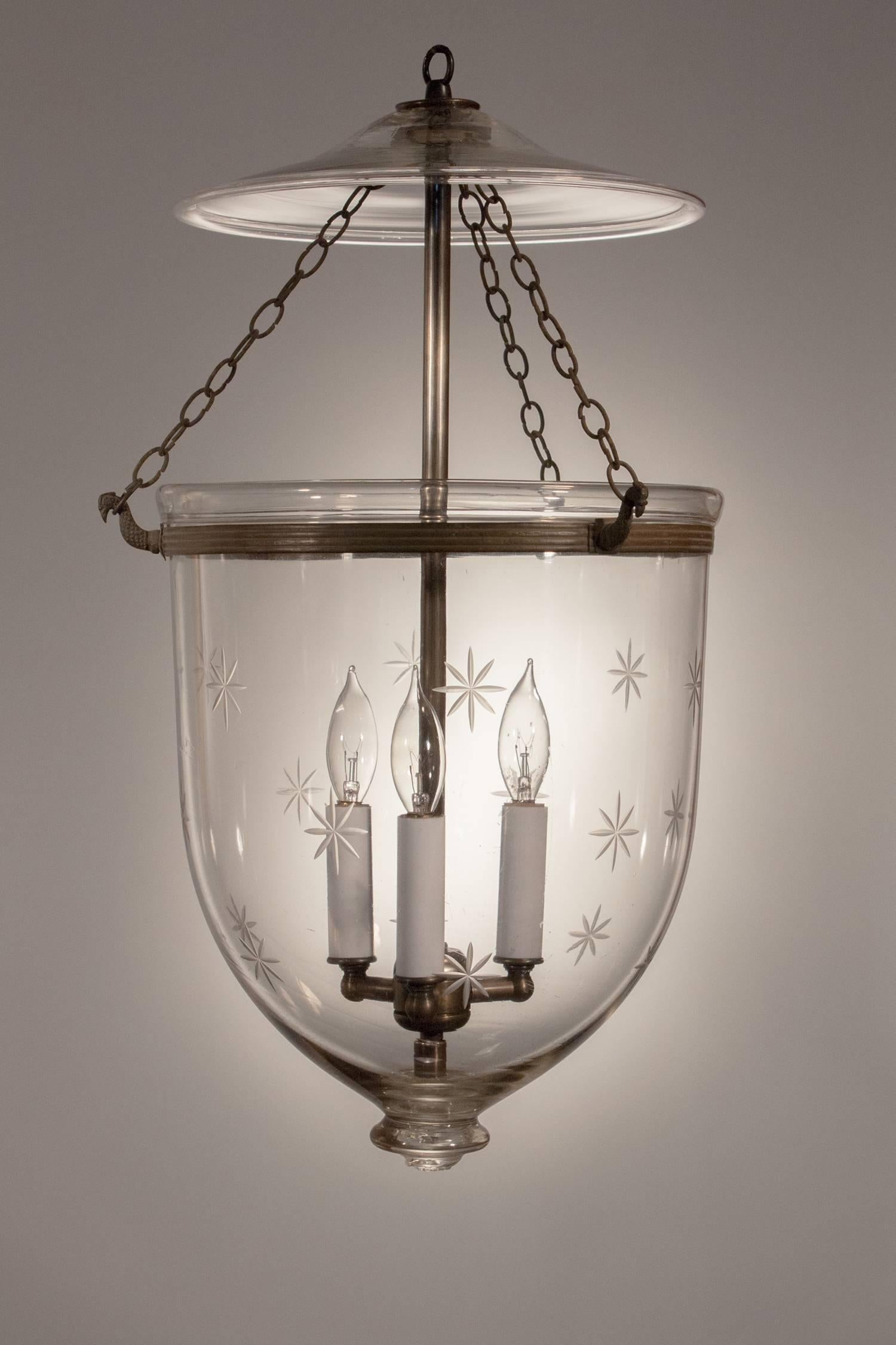 19th Century Pair of English Bell Jar Lanterns with Etched Stars