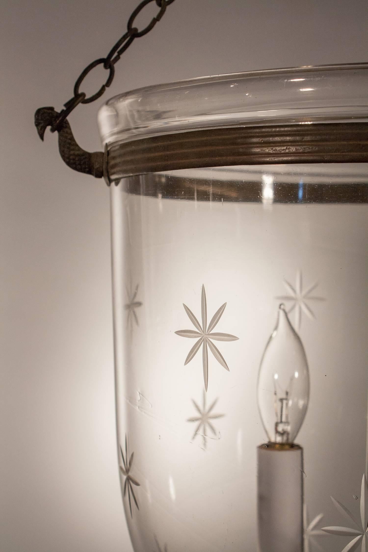 Brass Pair of English Bell Jar Lanterns with Etched Stars