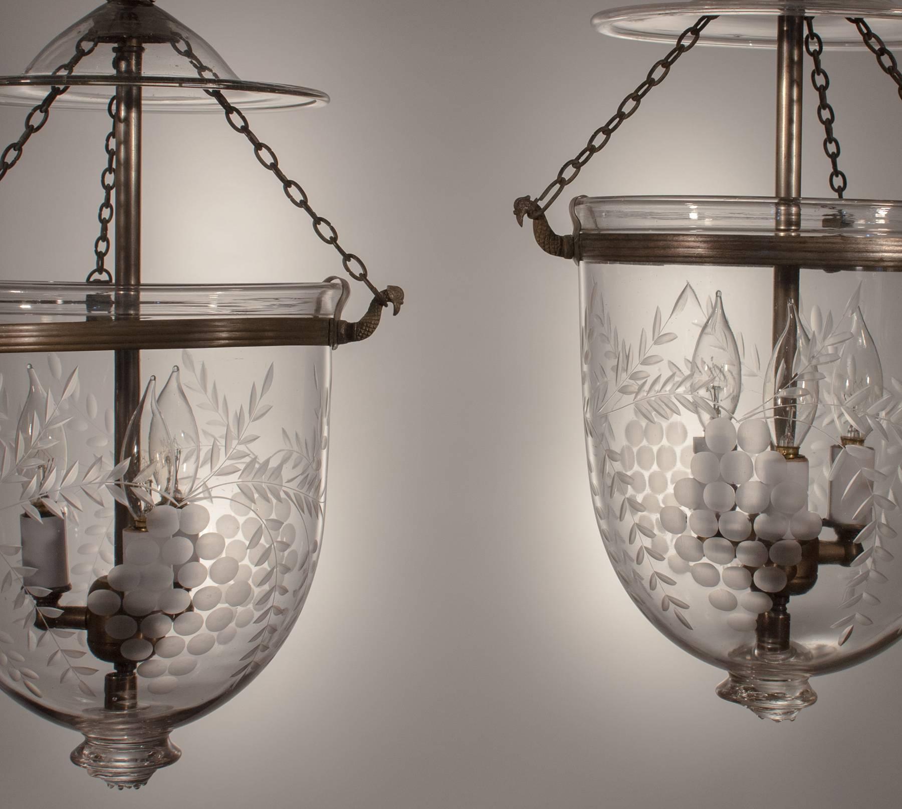 Victorian Pair of 19th Century Bell Jar Lanterns with Grape and Vine Etching