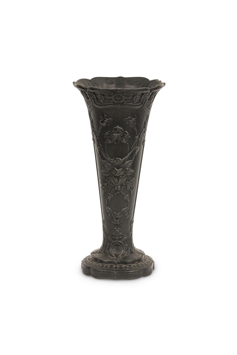 PAIR of English (19th Cent) black basalt earthenware trumpet shaped vases with floral relief (minor chip to 1 rim) (PRICED AS PAIR)