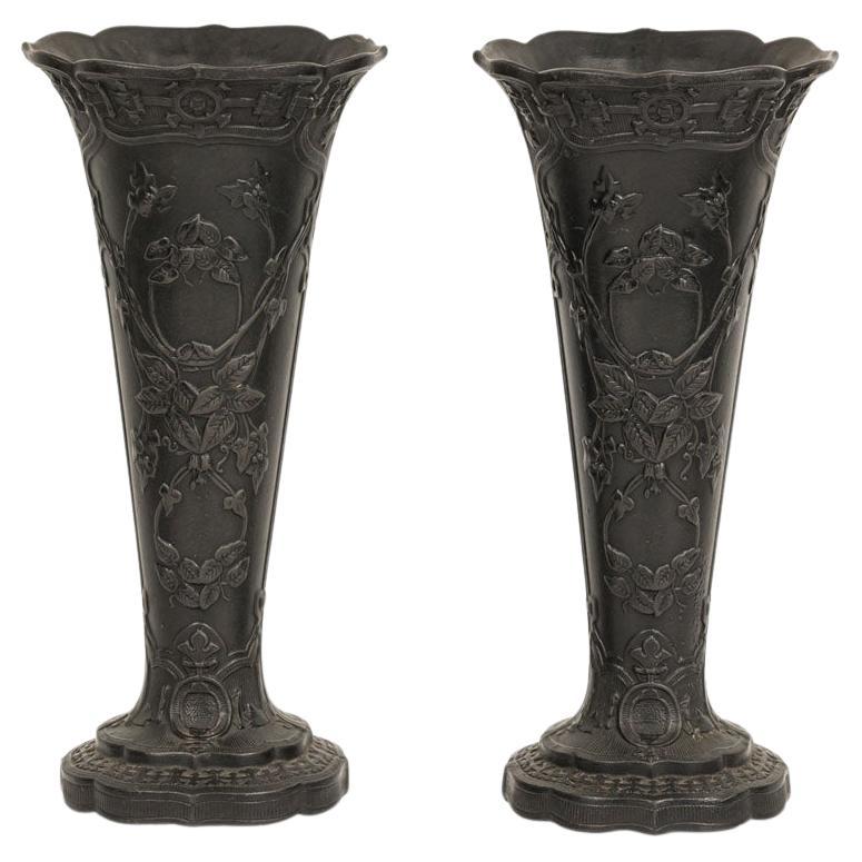 Pair of English Black Basalt Earthenware Vases For Sale