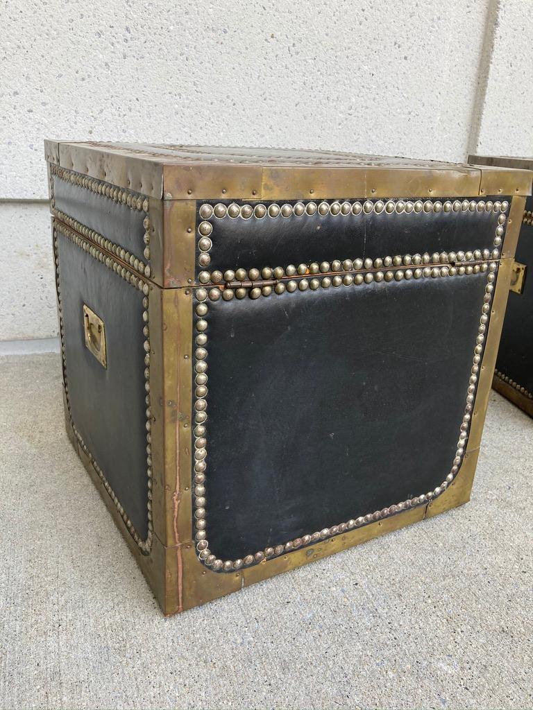 Pair of English Black Leather and Brass Covered Cedar Trunks 7