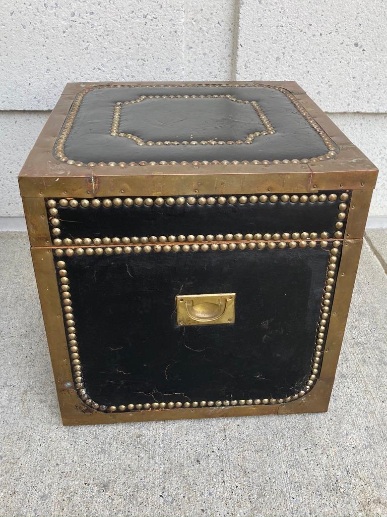 Pair of English Black Leather and Brass Covered Cedar Trunks 9