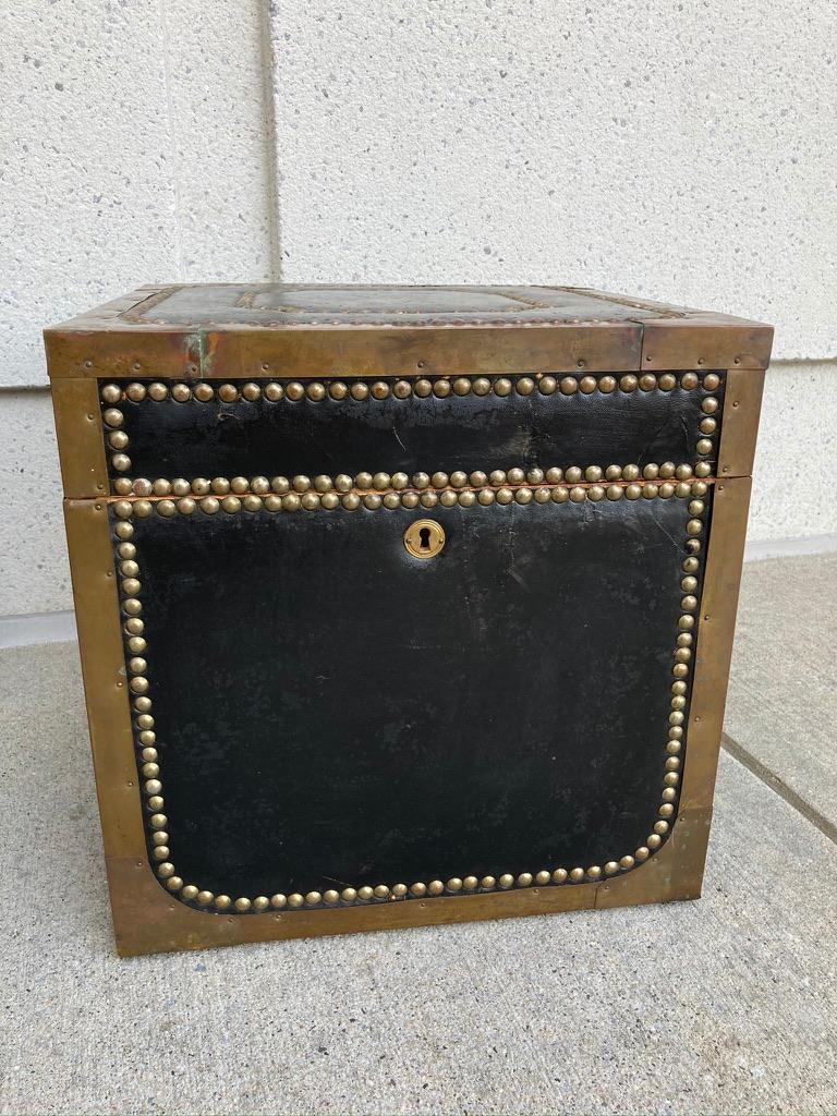 Pair of English Black Leather and Brass Covered Cedar Trunks 1