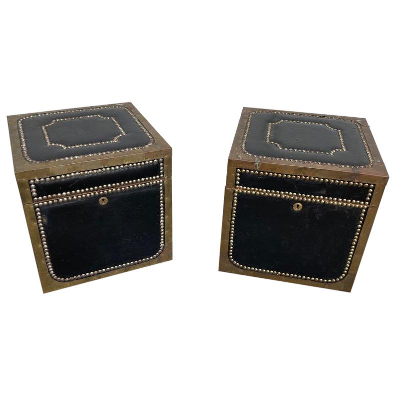 Pair of English Black Leather and Brass Covered Cedar Trunks