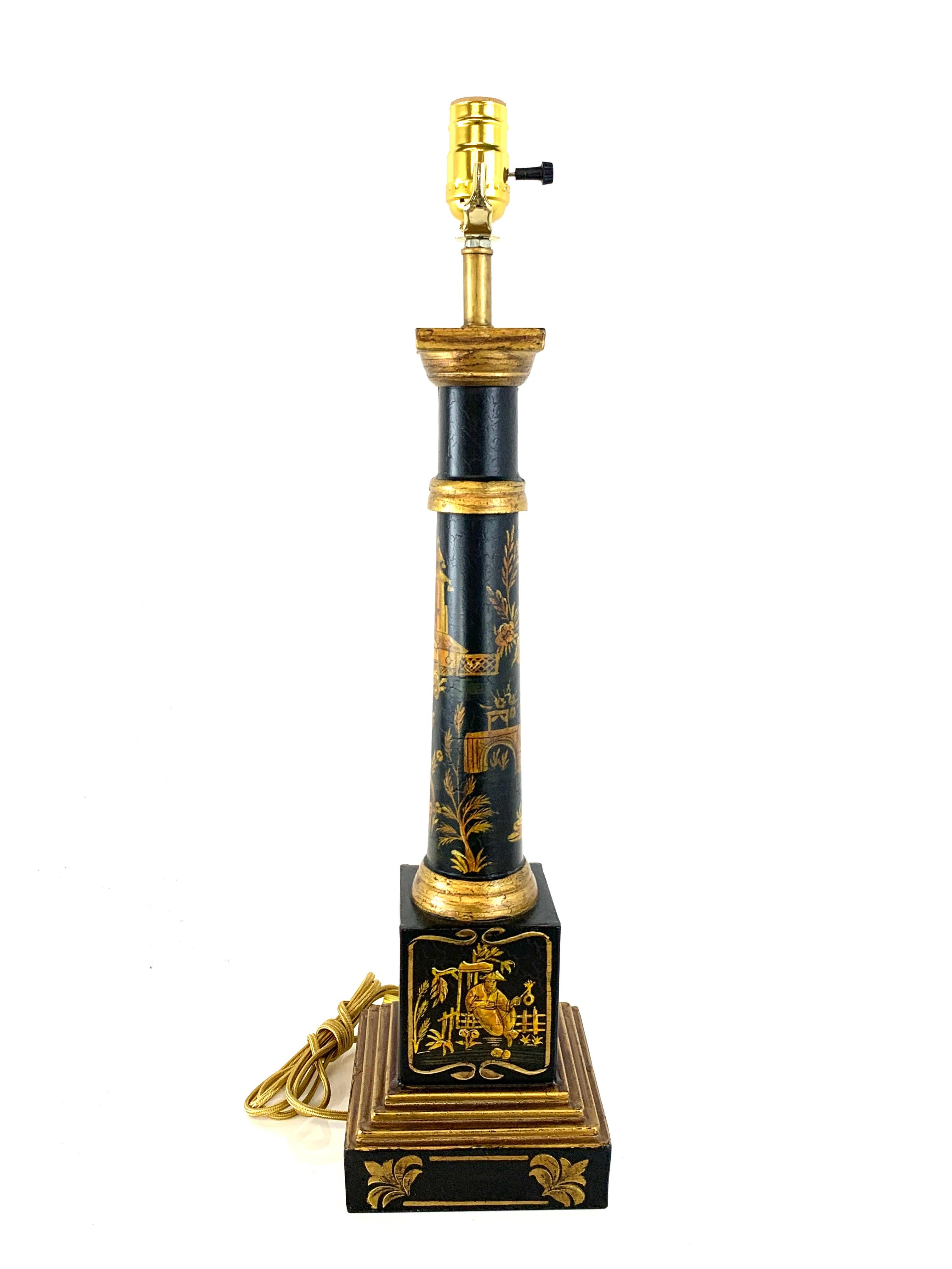 20th Century Pair of English Black Tole Gilt Chinoiserie Column Lamps