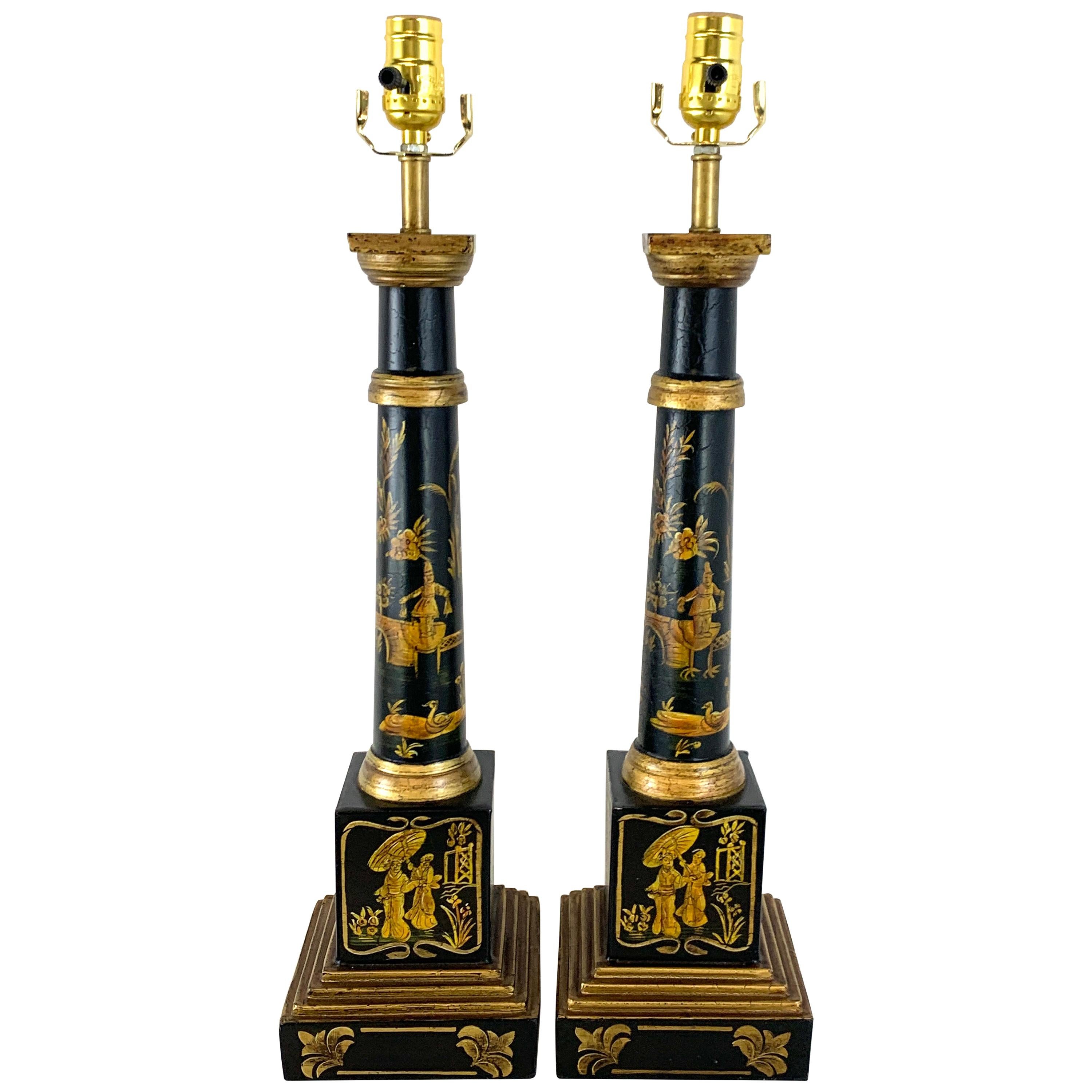 Pair of English Black Tole Gilt Chinoiserie Column Lamps