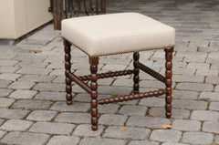 Pair of English Bobbin-Legs Oak Stools, circa 1880 with New Linen Upholstery
