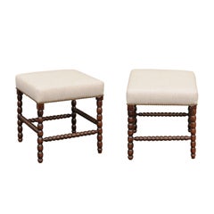 Pair of English Bobbin-Legs Oak Stools, circa 1880 with New Linen Upholstery