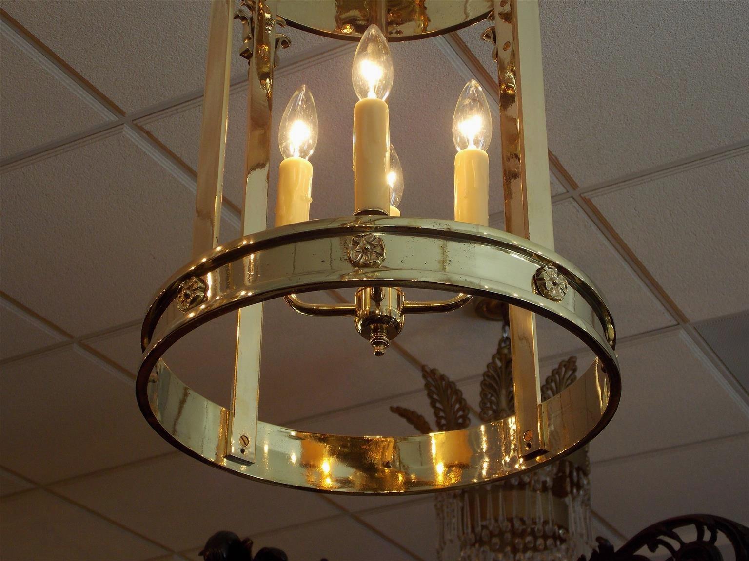 Pair of English Brass Acanthus Foliage Medallion Hanging Hall Lanterns. C. 1830 In Excellent Condition In Hollywood, SC