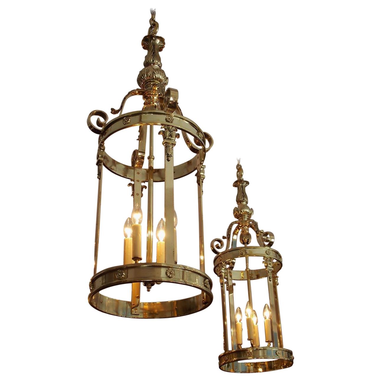 Pair of English Brass Acanthus Foliage Medallion Hanging Hall Lanterns. C. 1830