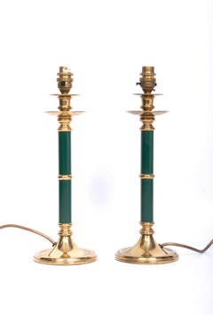 Pair of English Brass and Green Lacquer Candlestick Table Lamps, C.1970