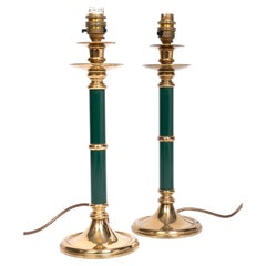 Pair of English Brass and Green Lacquer Candlestick Table Lamps, C.1970