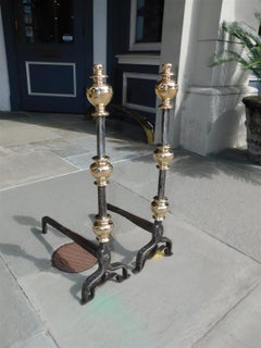 Pair of English Brass and Polished Steel Urn Finial Fire Place Andirons, C. 1780