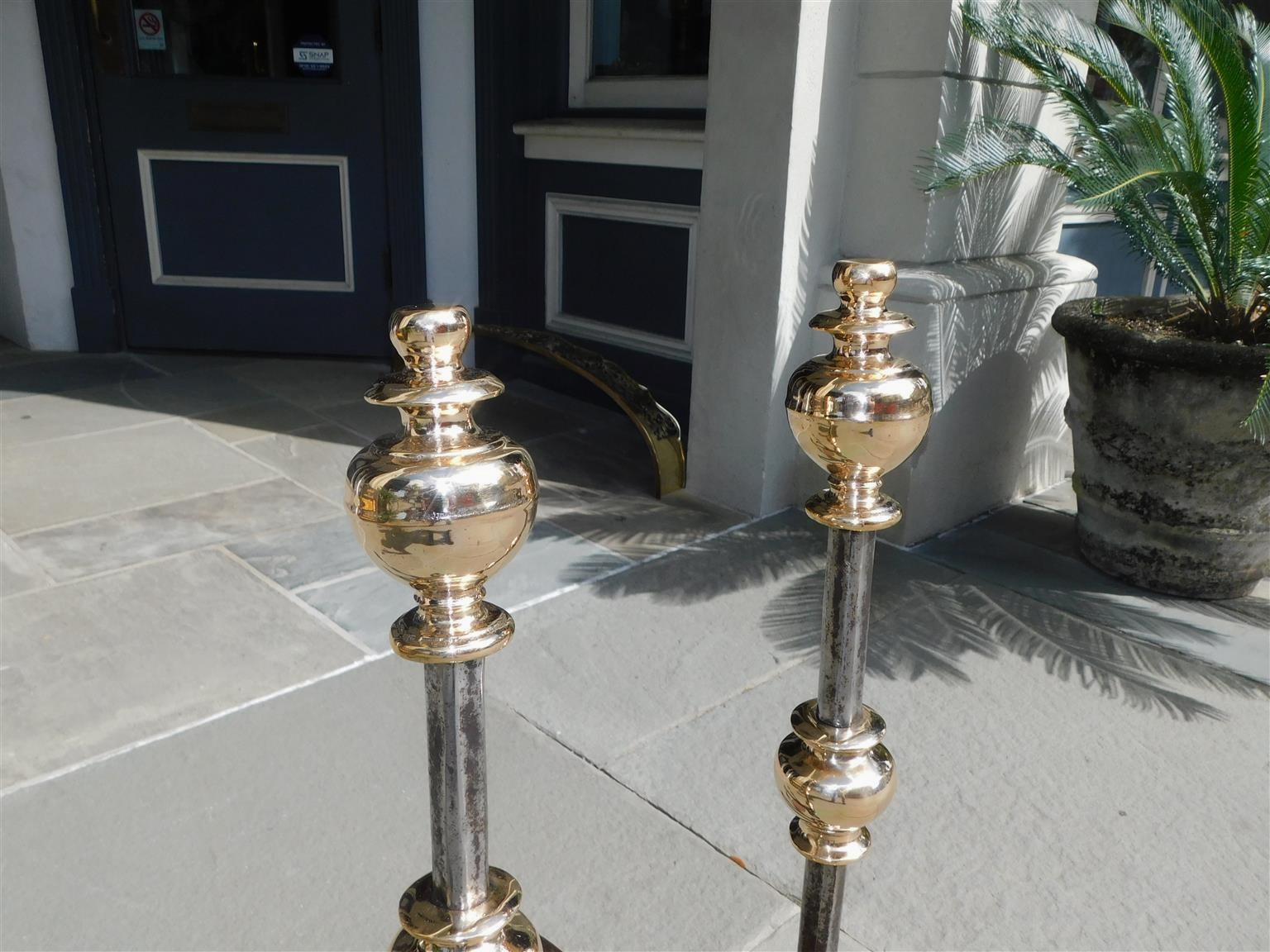 Cast Pair of English Brass and Polished Steel Urn Finial Fire Place Andirons, C. 1780 For Sale