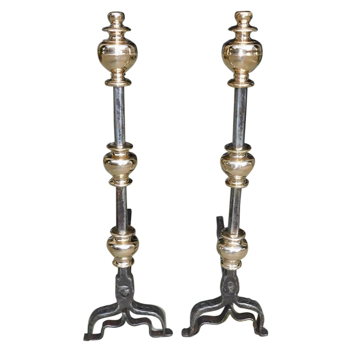 Pair of English Brass and Polished Steel Urn Finial Fire Place Andirons, C. 1780 For Sale