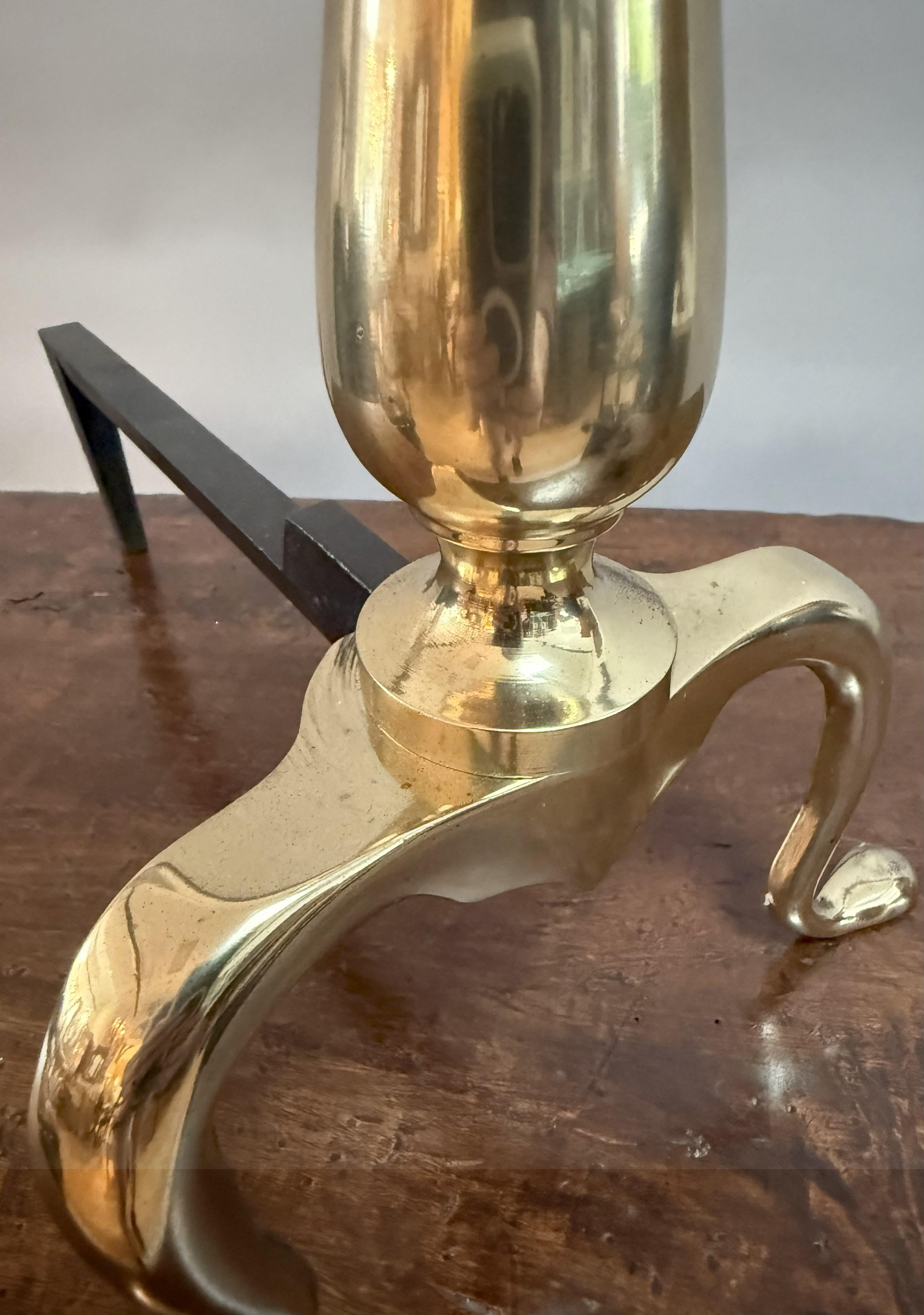 Pair of English Brass Andirons with Classical Finials For Sale 3