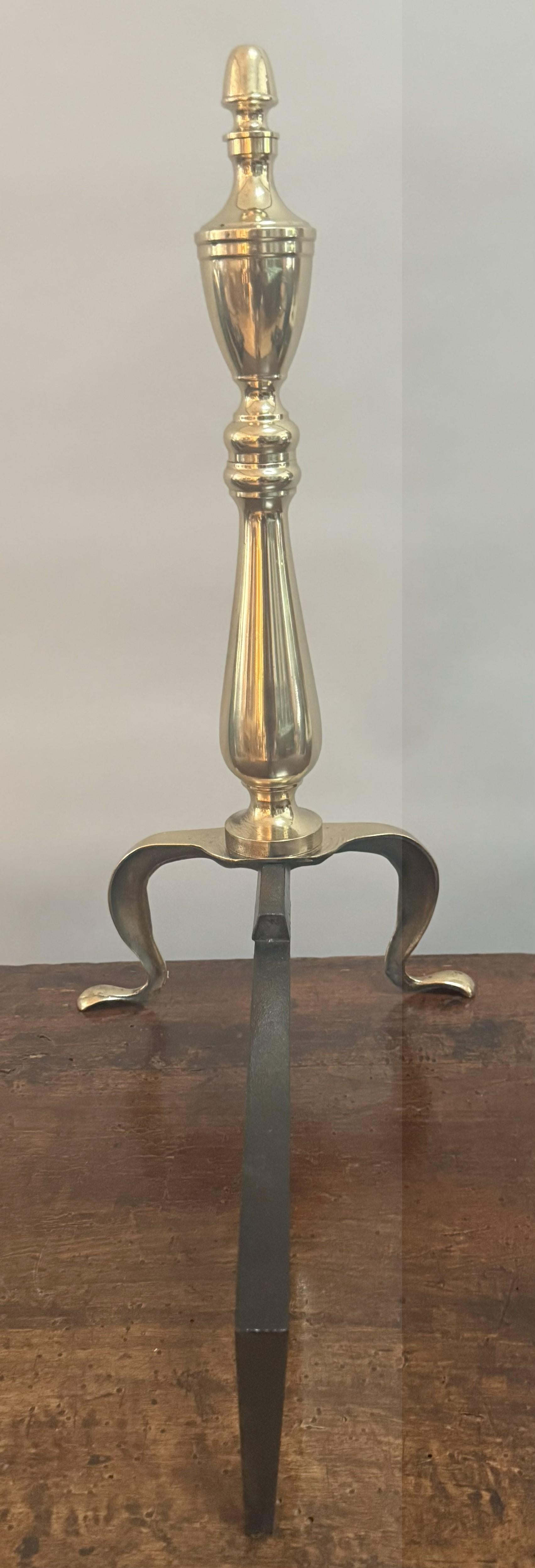 Pair of English Brass Andirons with Classical Finials For Sale 5