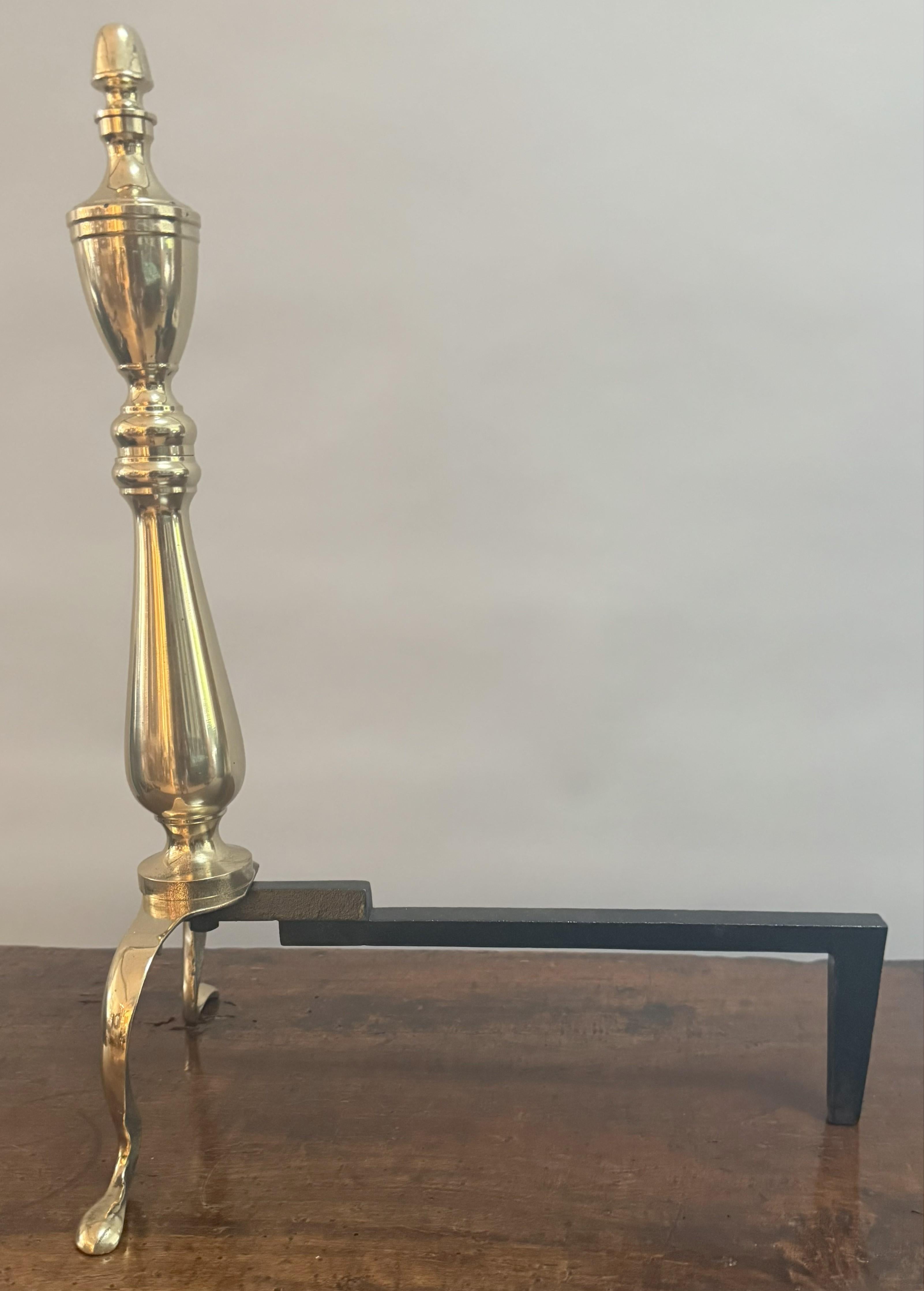 Pair of English Brass Andirons with Classical Finials For Sale 6