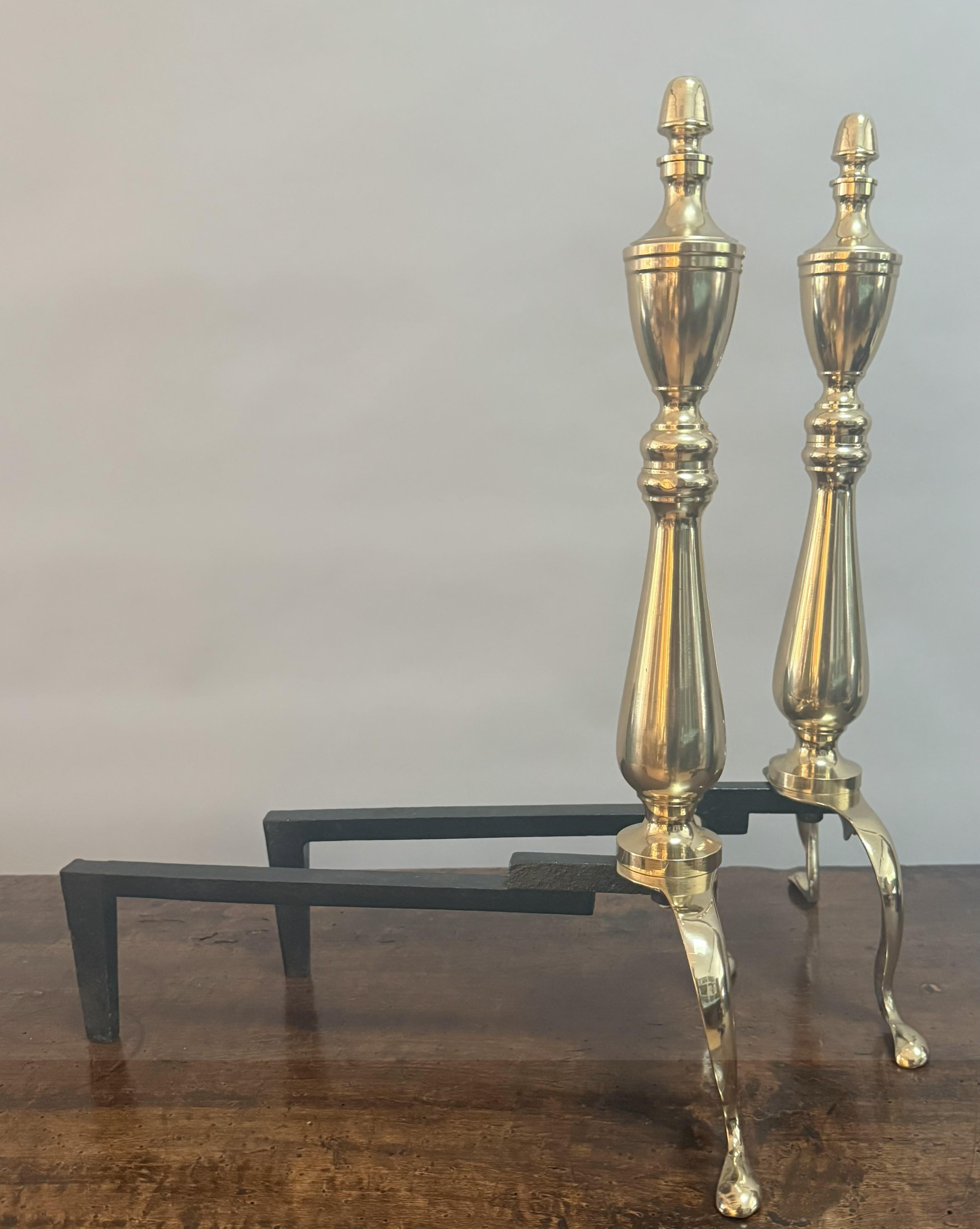 Cast Pair of English Brass Andirons with Classical Finials For Sale