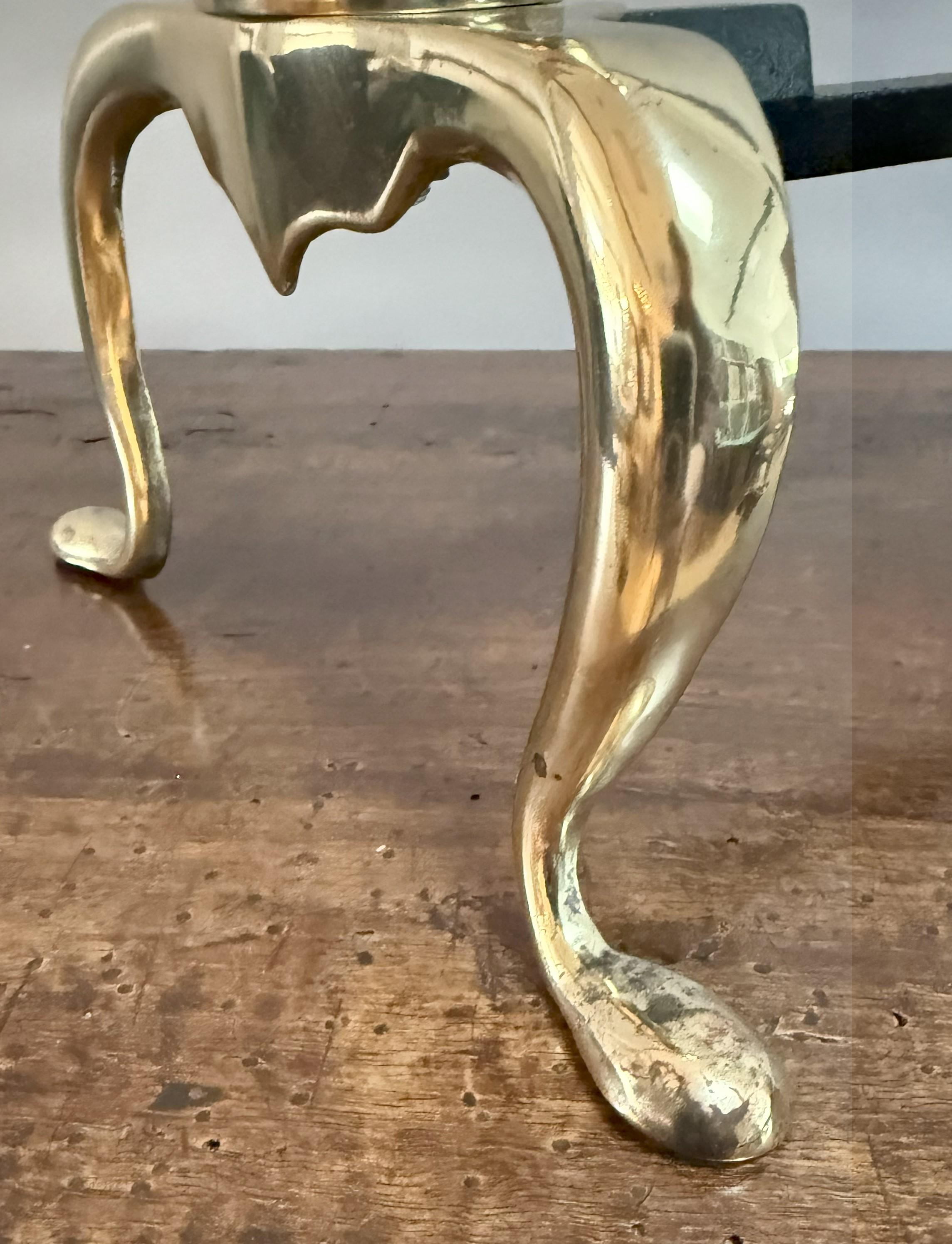 Pair of English Brass Andirons with Classical Finials For Sale 1