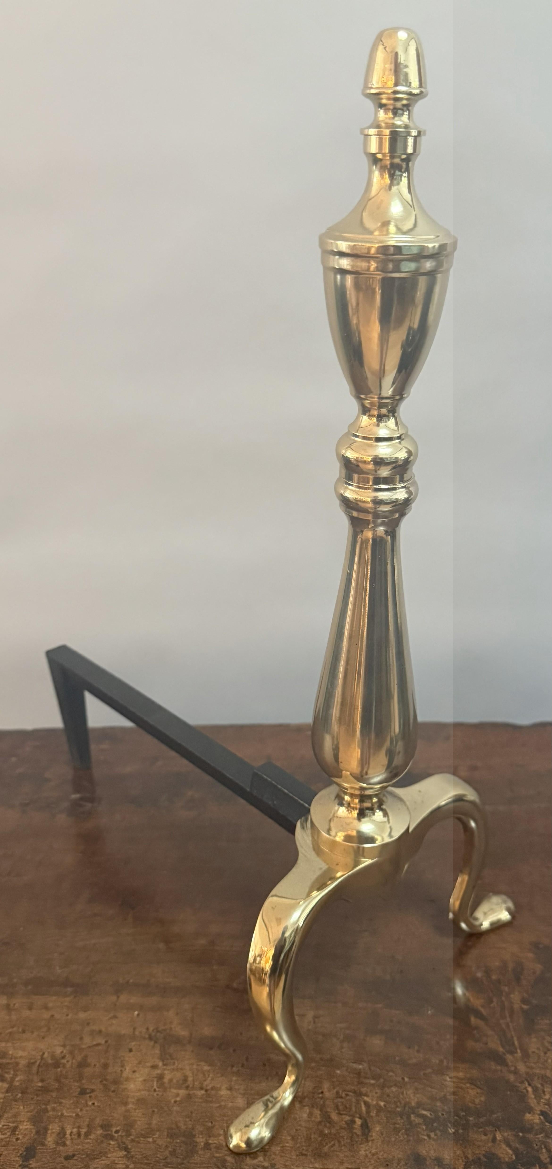 Pair of English Brass Andirons with Classical Finials For Sale 2