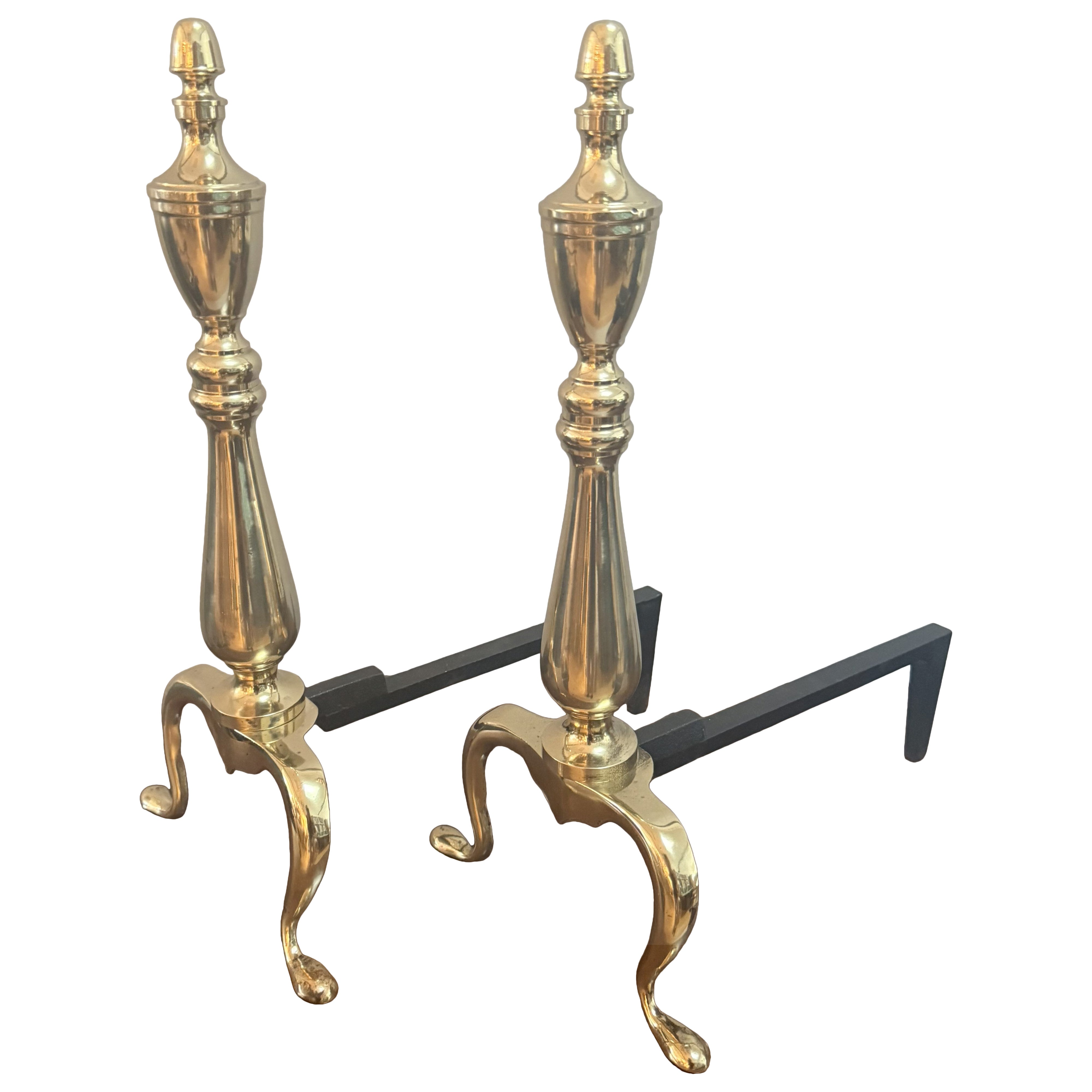 Pair of English Brass Andirons with Classical Finials For Sale