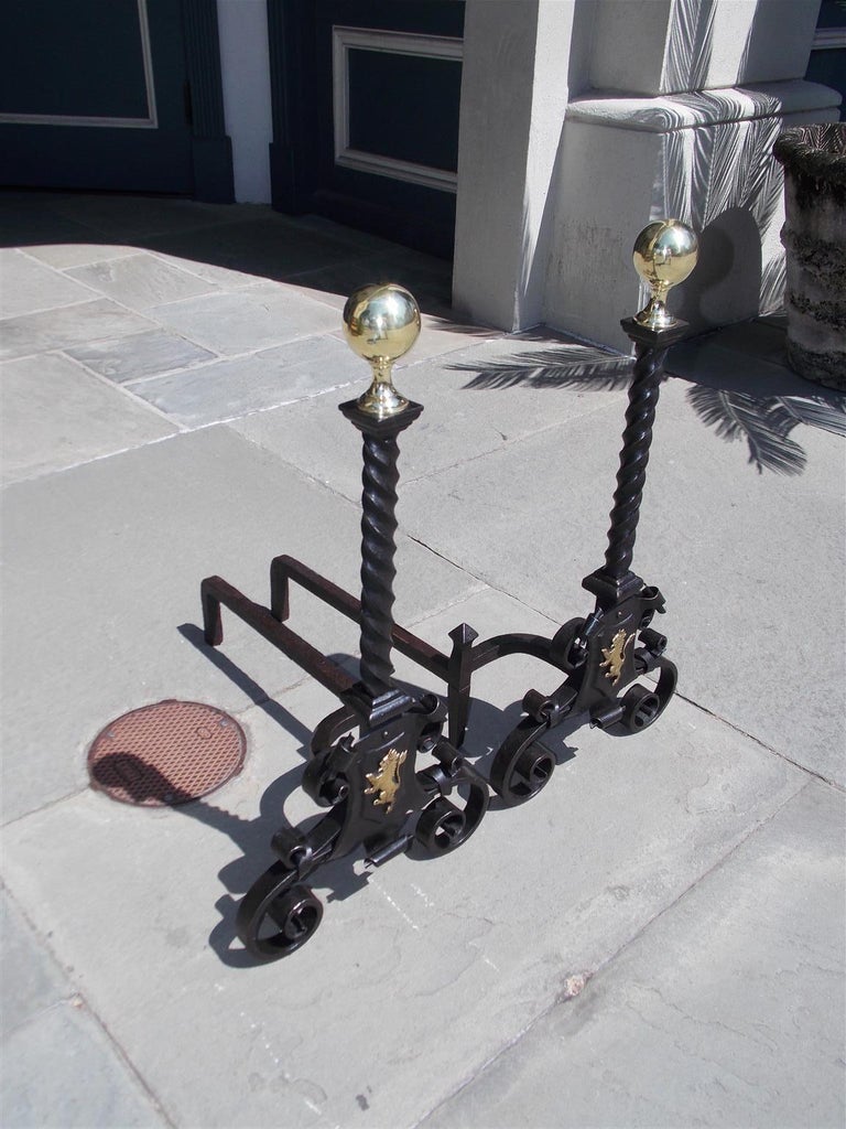 Pair of English Flanking Brass Ball Wrought Iron Rampant Lion Andirons