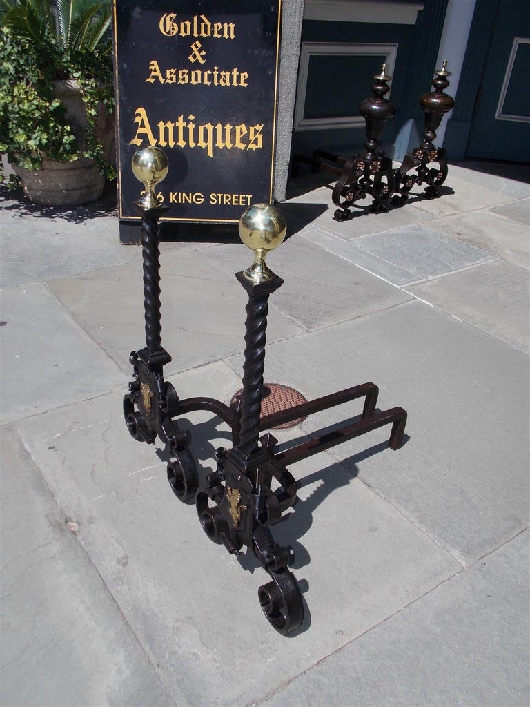 Pair of English Flanking Brass Ball Wrought Iron Rampant Lion Andirons