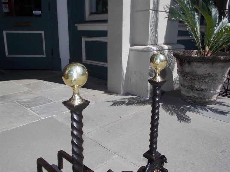 Pair of English Flanking Brass Ball Wrought Iron Rampant Lion Andirons