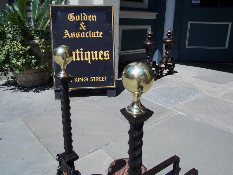 Pair of English Flanking Brass Ball Wrought Iron Rampant Lion Andirons