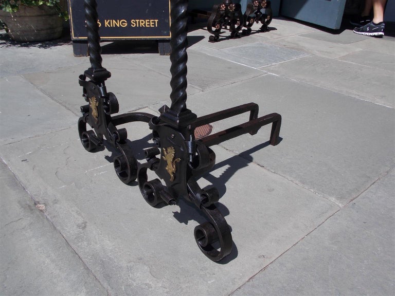 Pair of English Flanking Brass Ball Wrought Iron Rampant Lion Andirons