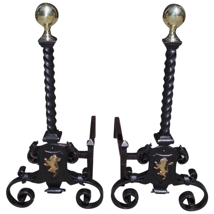 Pair of English Flanking Brass Ball Wrought Iron Rampant Lion Andirons, C. 1830 For Sale