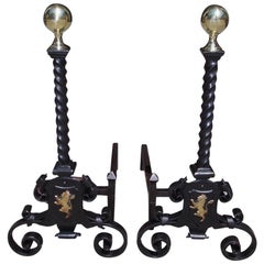 Pair of English Flanking Brass Ball Wrought Iron Rampant Lion Andirons, C. 1830