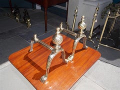 Pair of English Brass Ball Finial and Acanthus Paw Tool Rest, Circa 1850