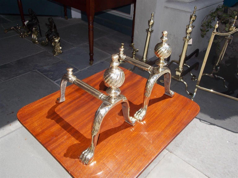 Pair of English Brass Ball Finial and Acanthus Paw Tool Rest, Circa