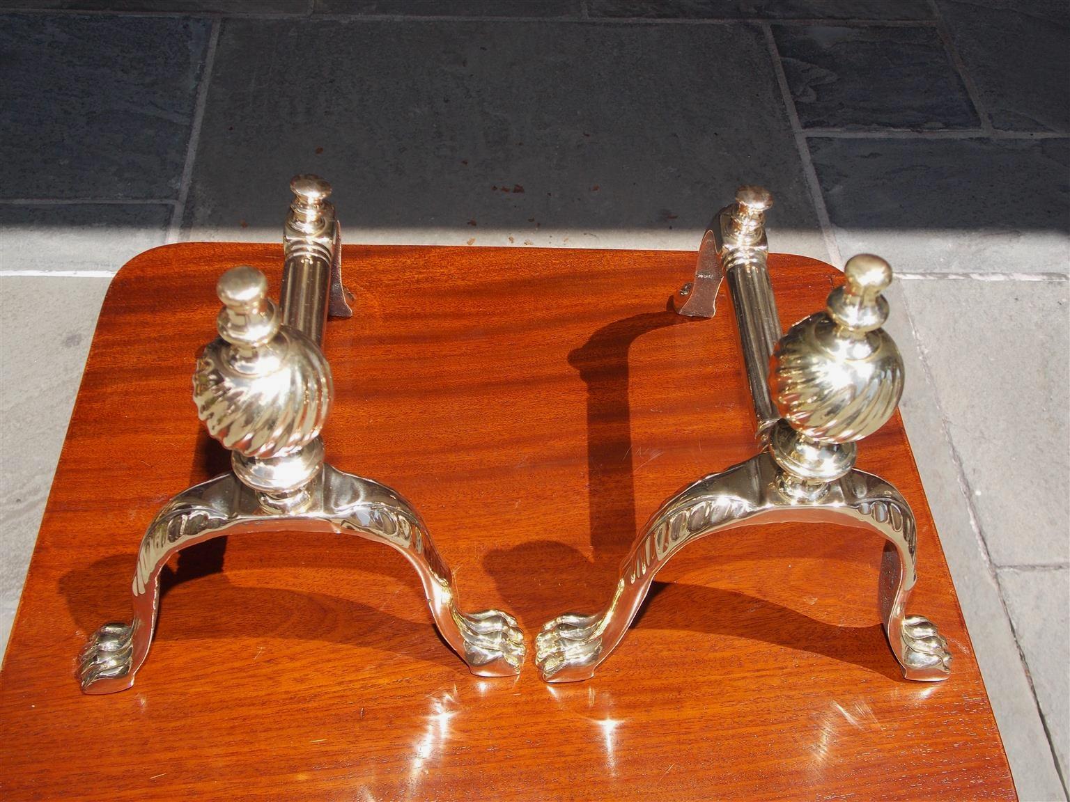 Cast Pair of English Brass Ball Finial and Acanthus Paw Tool Rest, Circa 1850 For Sale