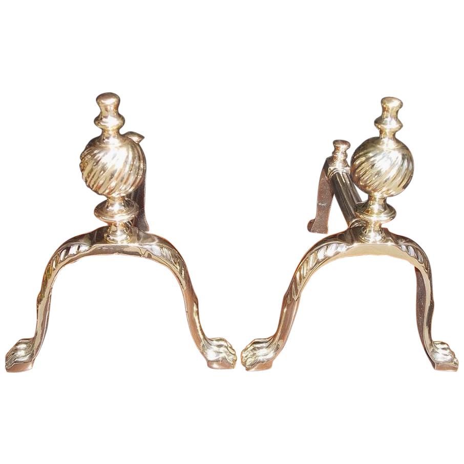 Pair of English Brass Ball Finial and Acanthus Paw Tool Rest, Circa 1850 For Sale