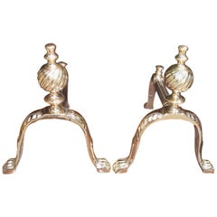 Pair of English Brass Ball Finial and Acanthus Paw Tool Rest, Circa 1850