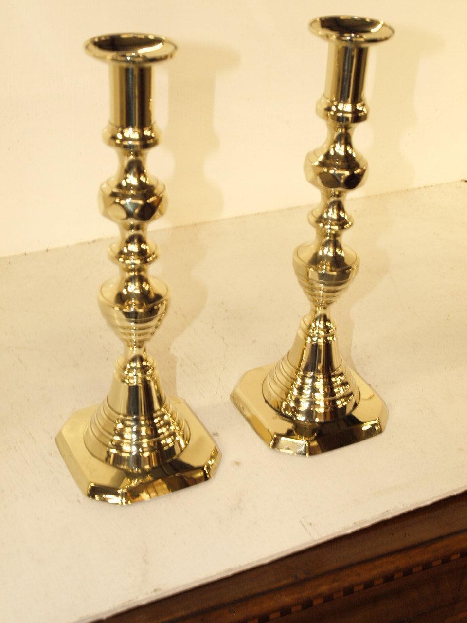 Pair of English Brass ''Beehive'' Candlesticks 2