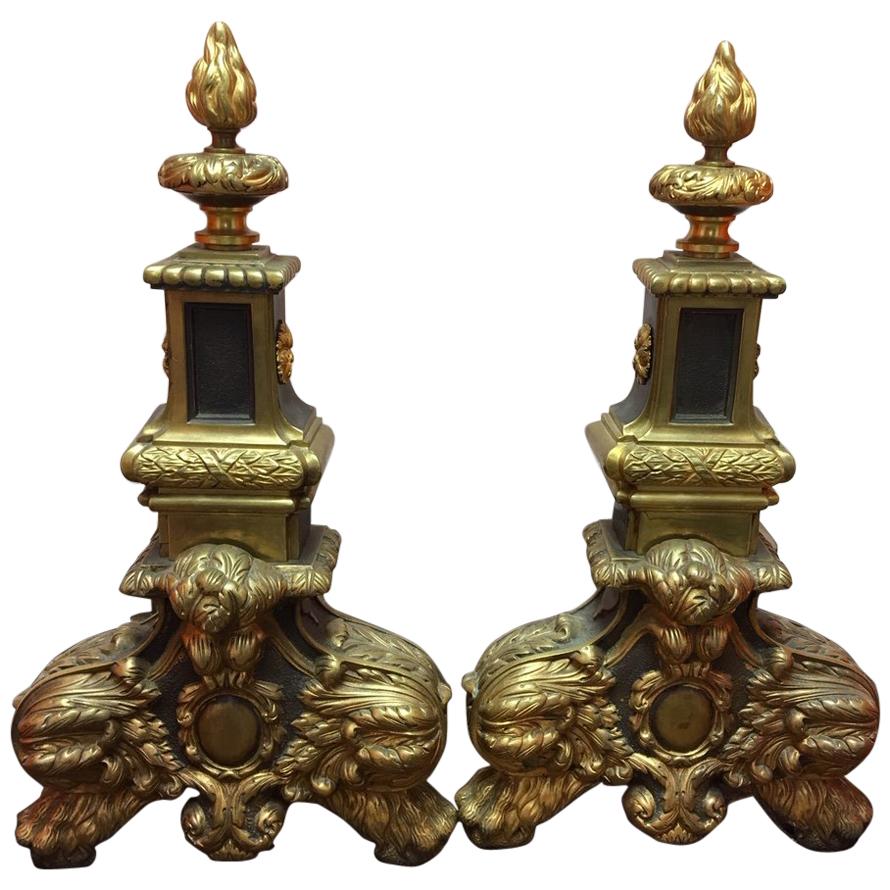 Pair of English Brass Black Andirons with Flame Finials, 19th Century